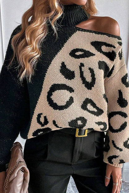 Leopard Patchwork Off Shoulder Sweater