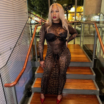 Mesh Leopard See Through Midi Dress