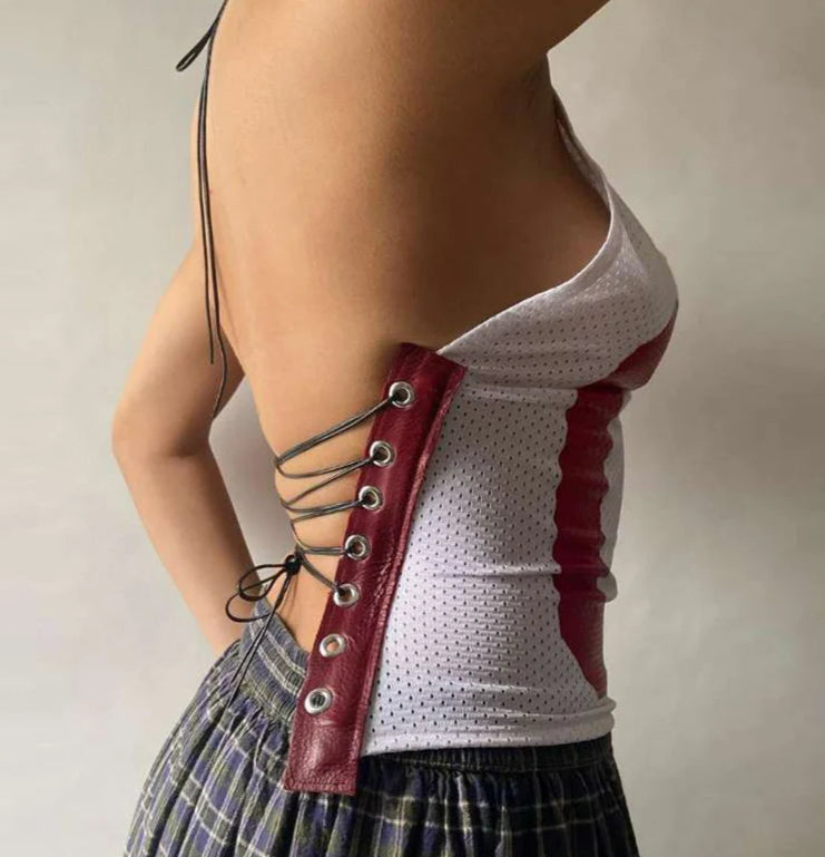 Bandage Backless Mesh Patchwork Crop Top Cami Top