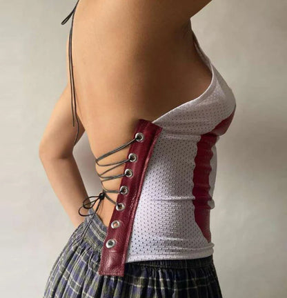 Bandage Backless Mesh Patchwork Crop Top Cami Top