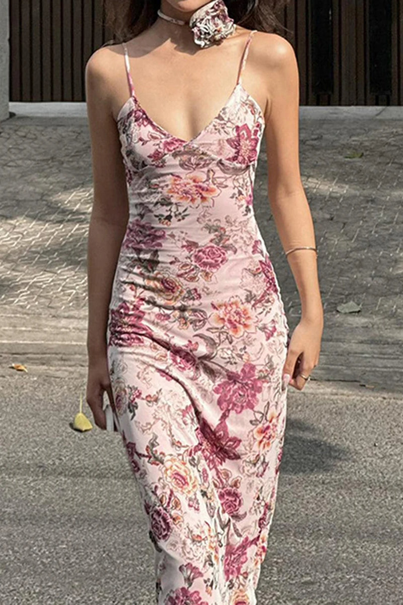 Backless V-Neck Maxi Floral Dress