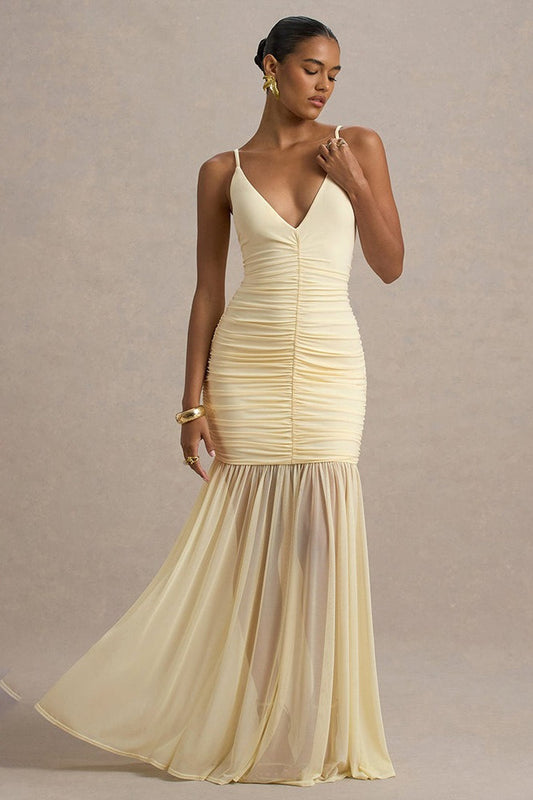 Sheer Plunge Ruffle Slip Dress