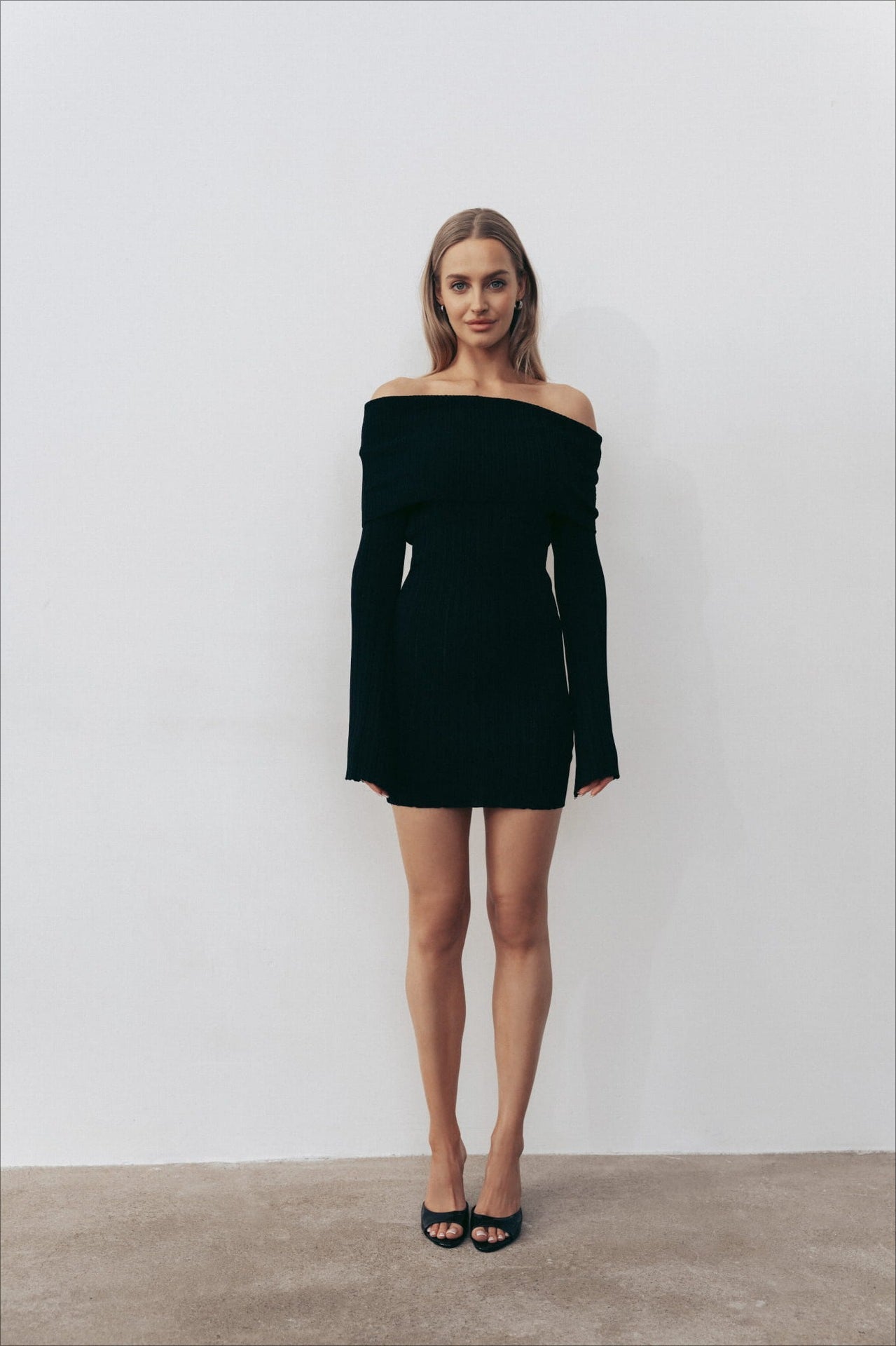Off-Shoulder Long-Sleeve Bodycon Mini Sweater Dress