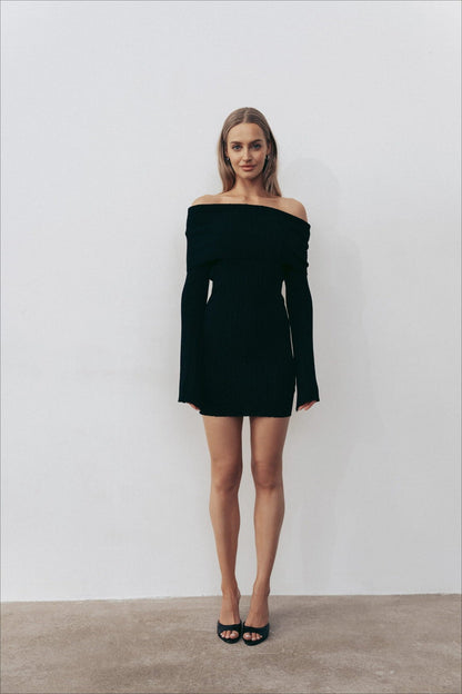 Off-Shoulder Long-Sleeve Bodycon Mini Sweater Dress