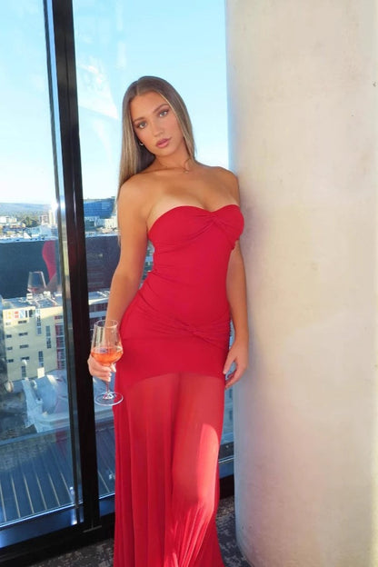 Elegant Slim Strapless Backless Ruched Mesh Long Formal Dress