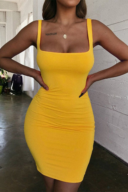 Double Layer Spaghetti Strap U Neck Solid Bodycon Dress