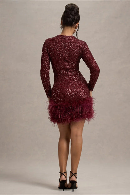 Solid Color Sequin Feather Long Sleeve Round Neck Sexy Sequin Dress