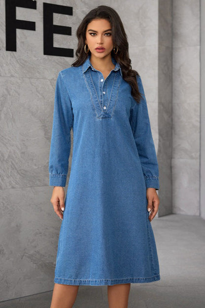 Vintage Collar Midi Denim Dress