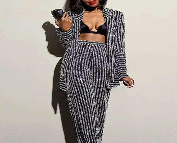Striped Knitted Floor Pant Suit
