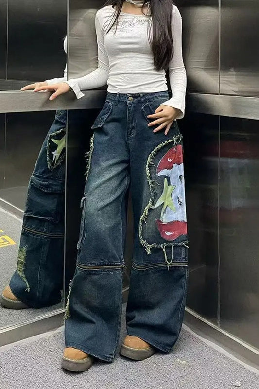 Graffiti Print Wide-Leg Jeans
