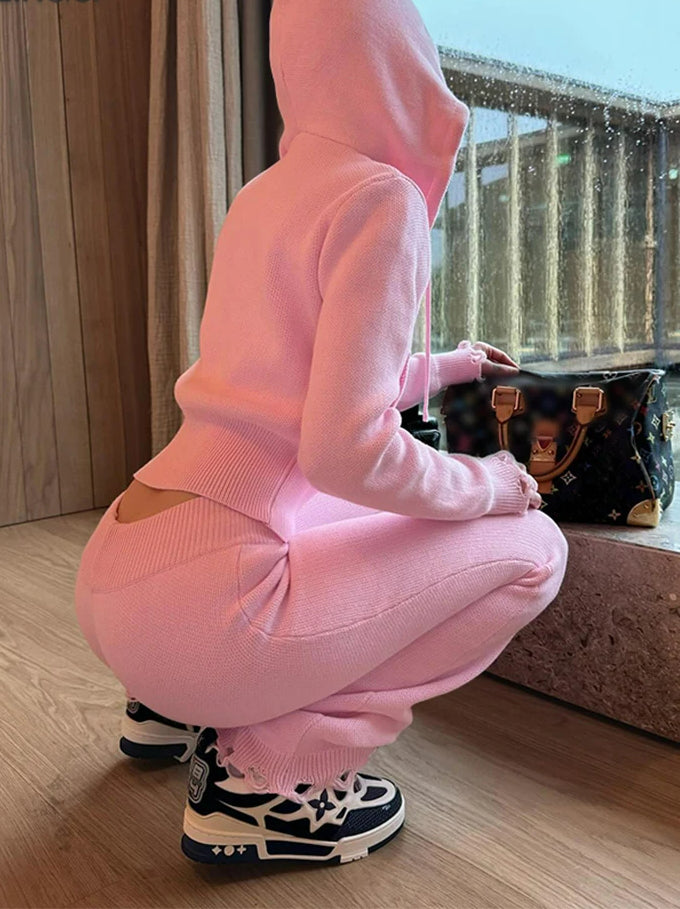 Solid Hooded Straight Knit Set