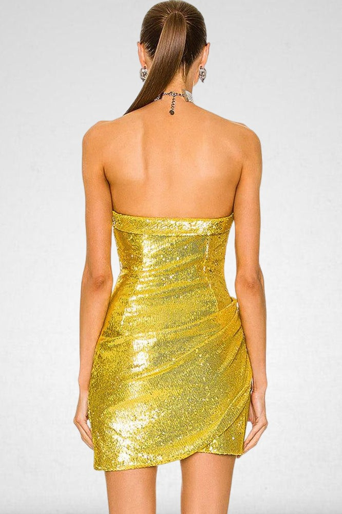 Slim Backless Sequin Strapless Ruched Sequin Dress