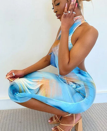 Slit Tie Dye Bodycon Floral Dress