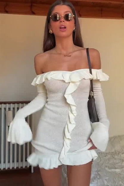 Ruffled Off-Shoulder Chic Bodycon Mini Sweater Dress