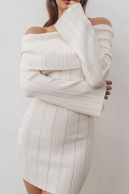 Off-Shoulder Long-Sleeve Bodycon Mini Sweater Dress
