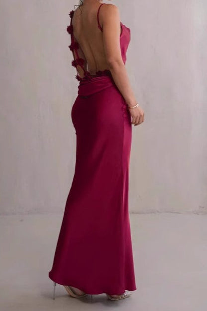 Elegant Satin Halter Backless Floral Bodycon Formal Dress