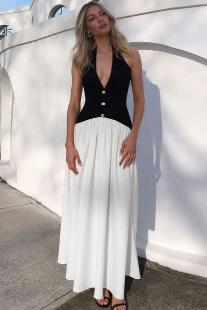 Color-Block Button Detail Party Dress