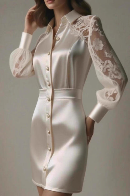 Collared Lace-Satin Waist-Cinched Sexy Shirt Mini Silk Dress