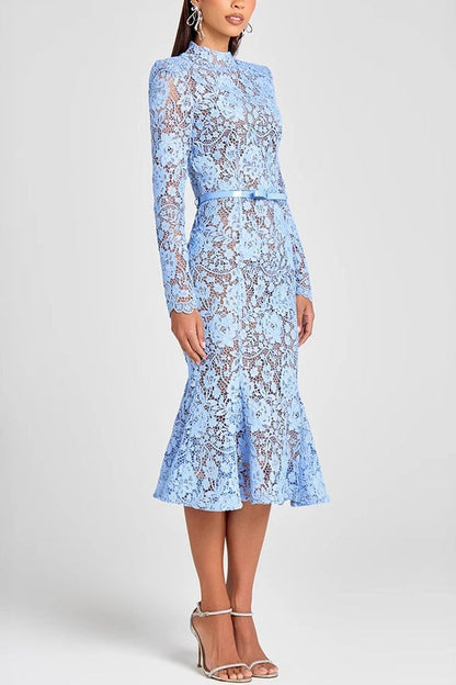 Sheer Hollow Out Belted Mermaid Lace Dress