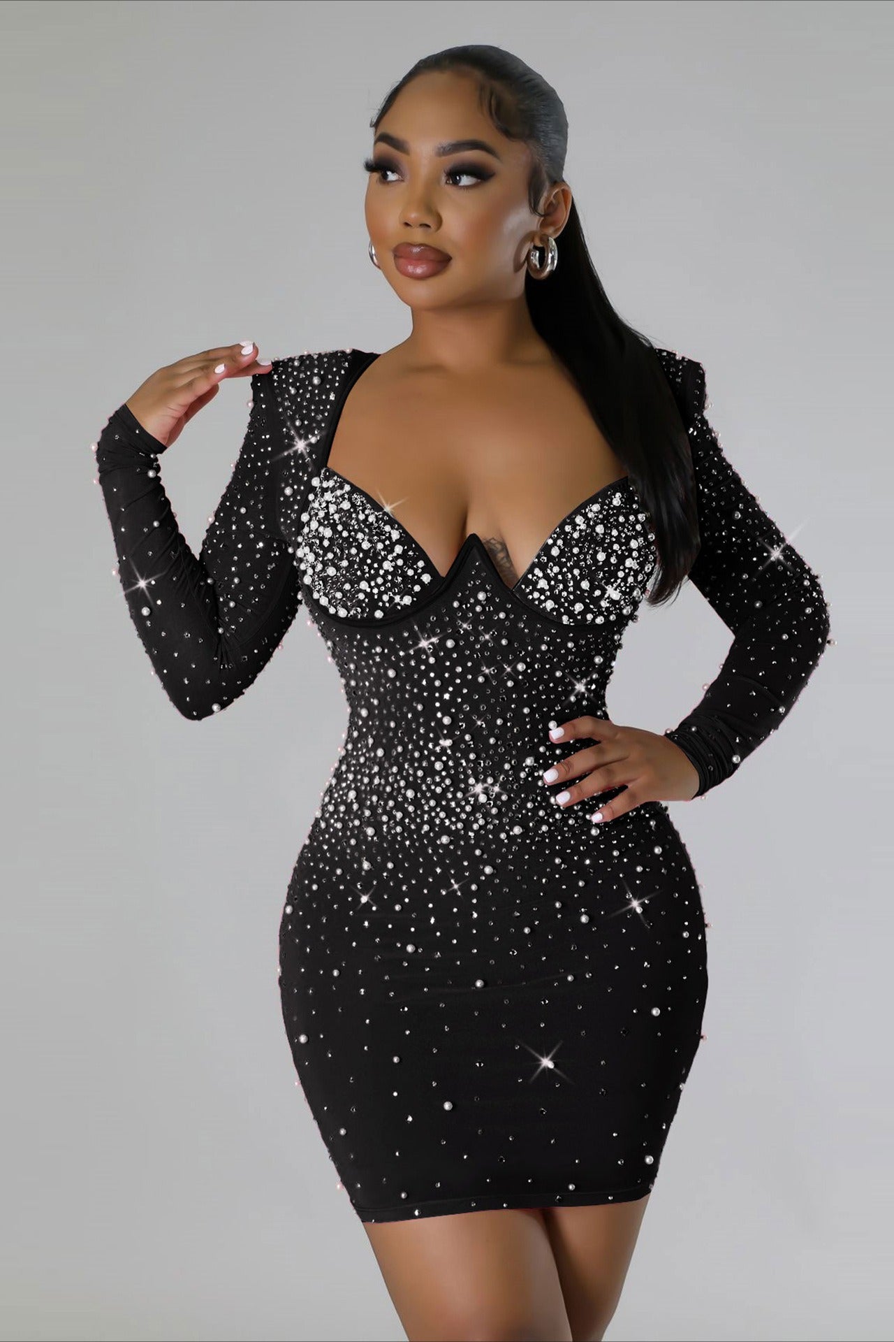 Sexy Rhinestone Stretch Bodycon Long Sleeve Cocktail Dress