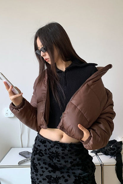 Brown Stand Collar Puffer Coat