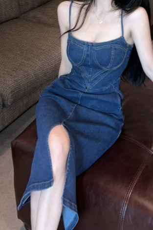 Retro Split Maxi Denim Dress