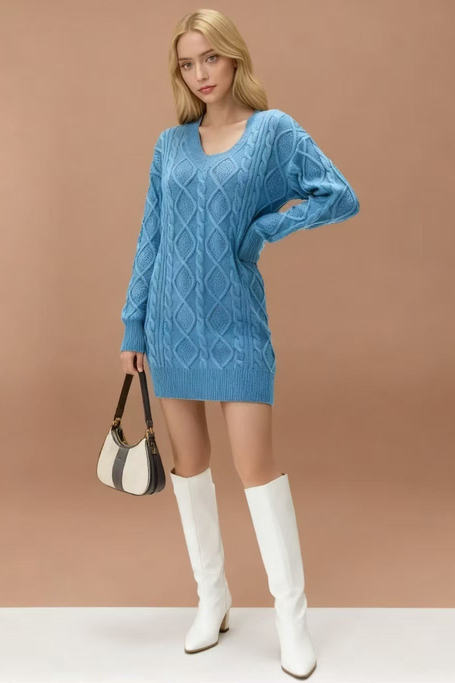 V Neck Cable Knit Work Dress