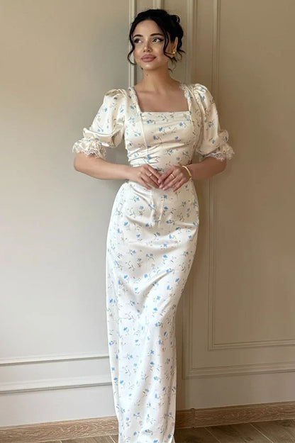 Satin Puff Sleeve Floral Dress