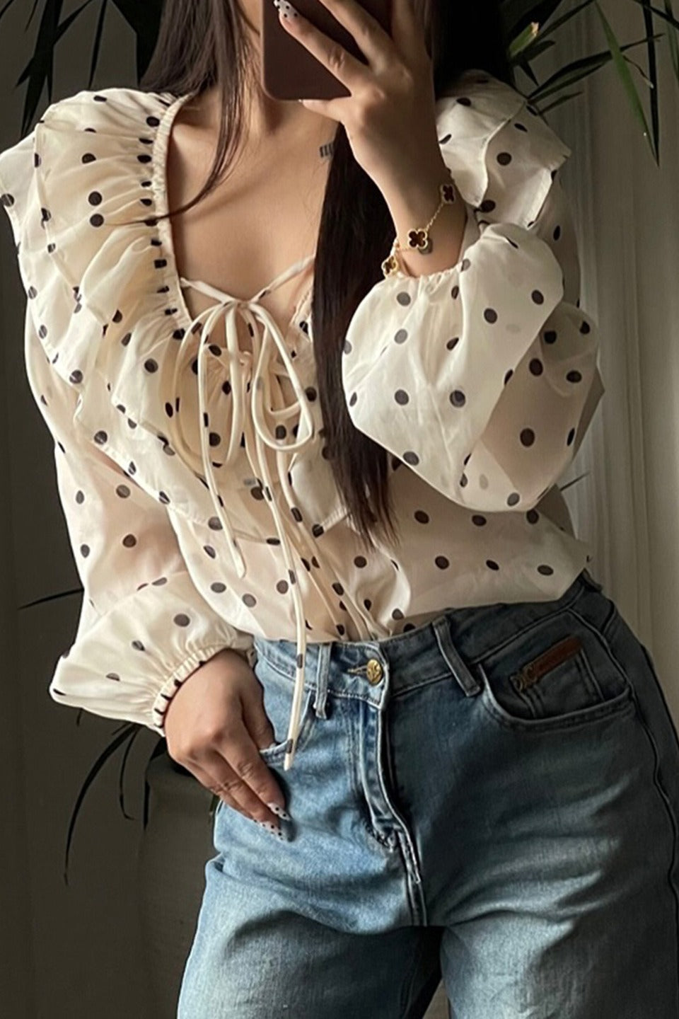 Chiffon Bow Tie Dot Print Blouse