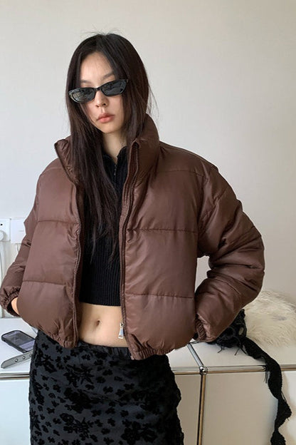 Brown Stand Collar Puffer Coat