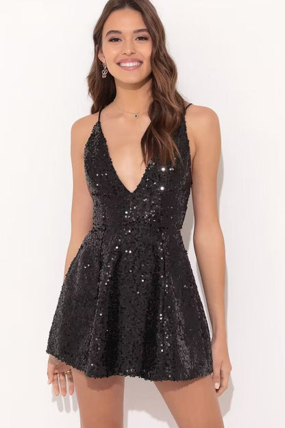 Chic Sexy Spaghetti Strap Bow Contrast Waist Slim Sequin Dress