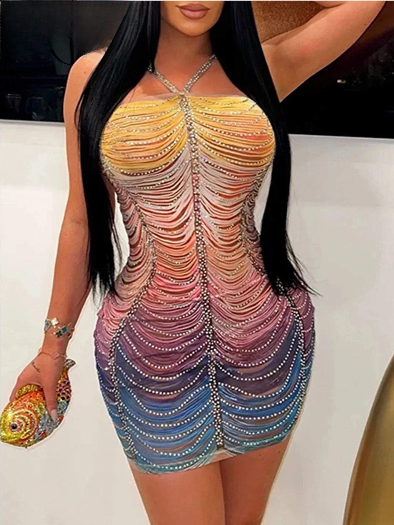 Rhinestone Backless Bodycon Mini Dress