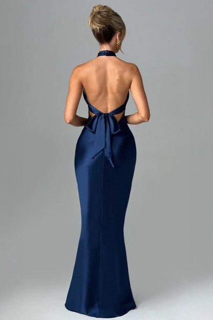 Satin Backless Tie Sleeveless Chic Elegant Formal Dress