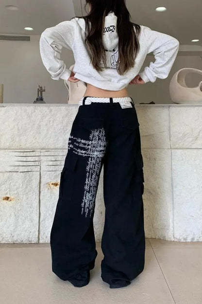 Letter Print Wide-Leg Baggy Jeans
