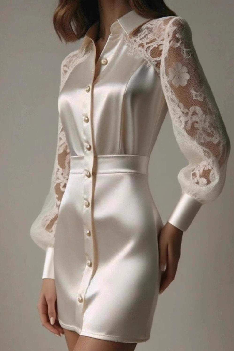 Collared Lace-Satin Waist-Cinched Sexy Shirt Mini Silk Dress