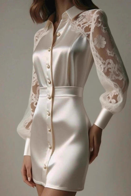 Collared Lace-Satin Waist-Cinched Sexy Shirt Mini Silk Dress