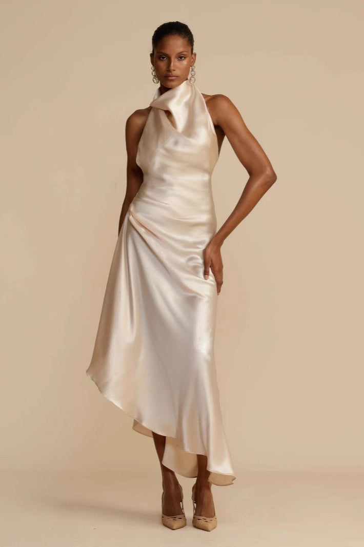 Elegant Solid Long Sleeve V-Neck Satin Lurex Formal Dress