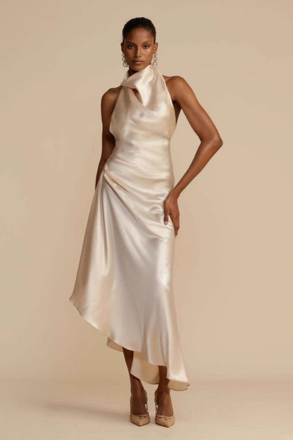 Elegant Solid Long Sleeve V-Neck Satin Lurex Formal Dress