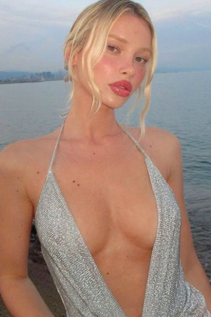 Plunge Halter Ruched Slip Dress