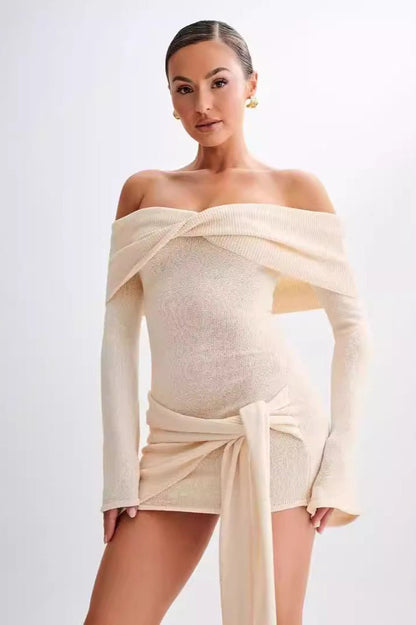 Sheer Spaghetti Strap Off-Shoulder Fitted Knit Maxi Sweater Dress