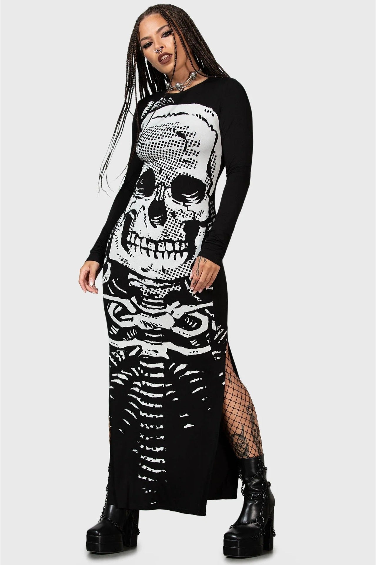 Gothic Skull Long Sleeve Slit Dress