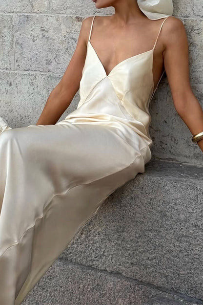 Satin Cami Deep V Backless Bodycon Silk Dress