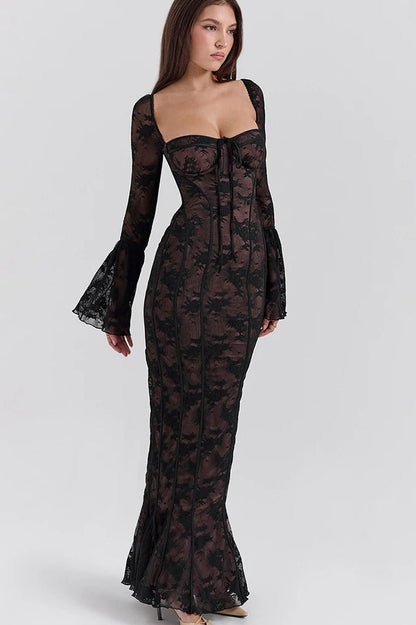 Sexy Square Collar Long Sleeve Maxi Dress