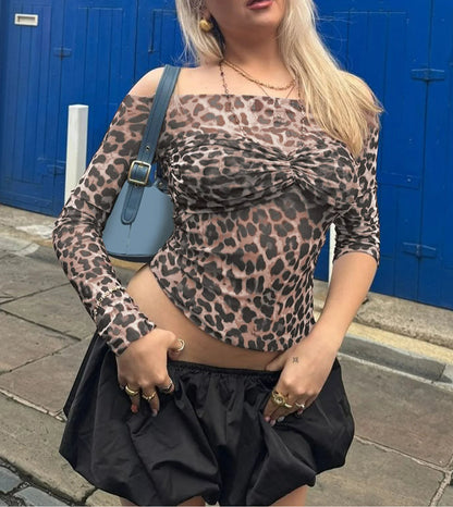 Leopard Off Shoulder Mesh Sheer Top