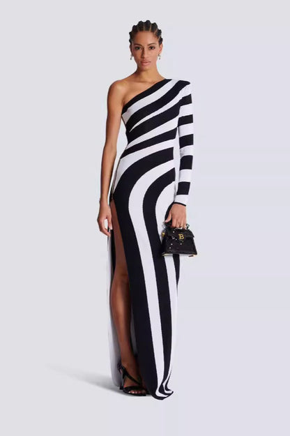 Zebra Print One Shoulder Long Sleeve Bandage Sweater Dress