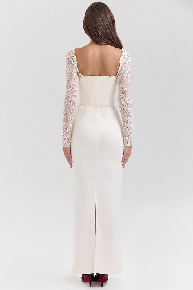 Long Sleeve Lace Satin Maxi Dress