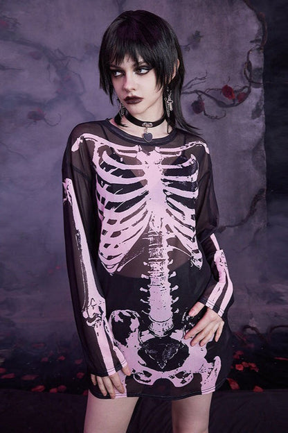 Mesh Skeleton Print Gothic T-Shirt