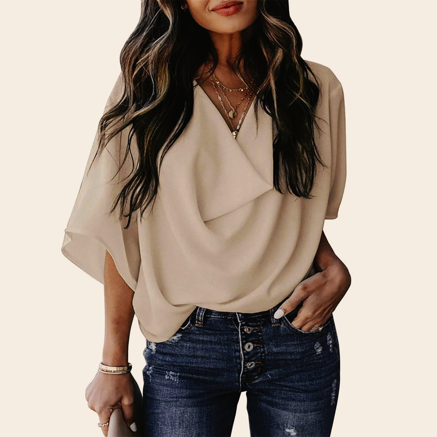 Women's Chiffon V-neck Loose Casual Mid Sleeve Blouse