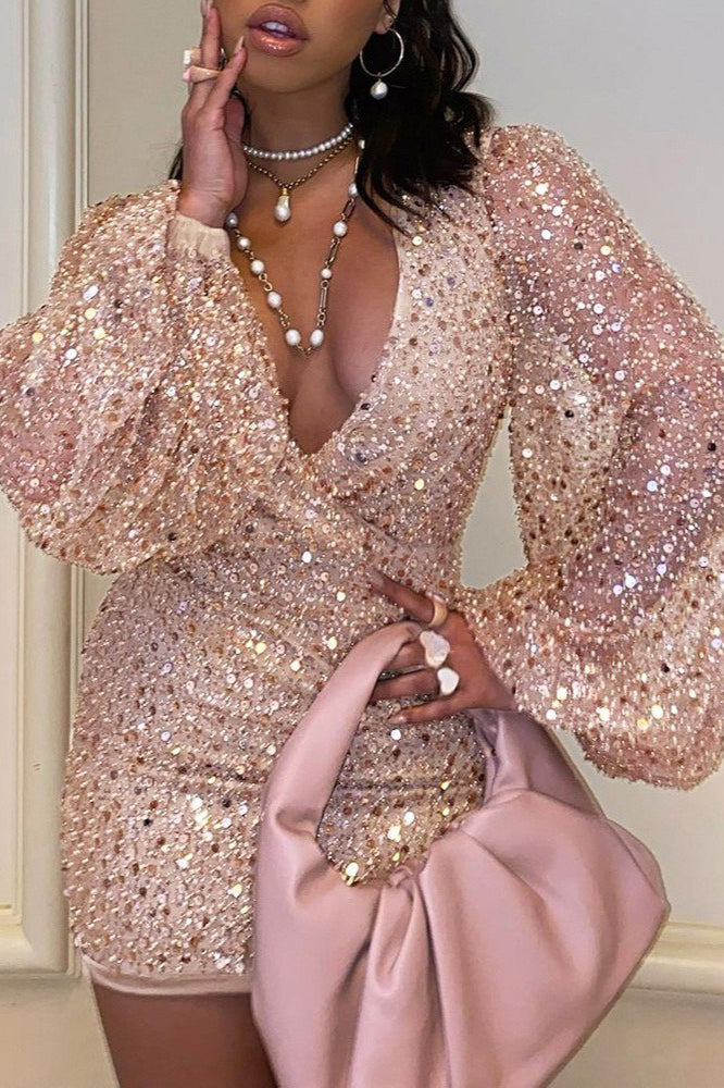 Long Sleeve V-Neck Sequin Bodycon Mini Sequin Dress