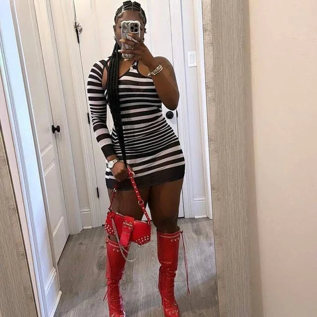 Striped Mesh Skew Collar Mini Party Dress